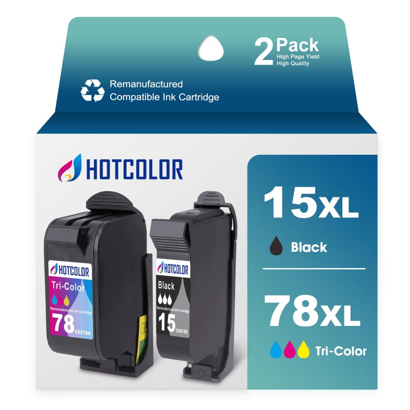 HOTCOLOR Ink Cartridge 78 15 Replacement for HP 15 78 Ink for HP 940C Ink Deskjet 812c PSC 750 Officejet V40 G85 Ink(1Black/1Tri-Color, 2Pack) - Image 1